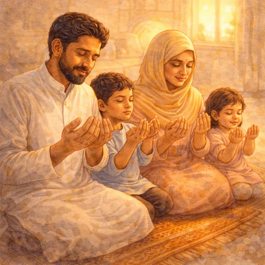 রুকইয়া শারইয়্যাহর পরিচিতি — একজন মুসলিম কুরআন পড়ছেন এবং পানি ভর্তি পাত্রে ফুঁ